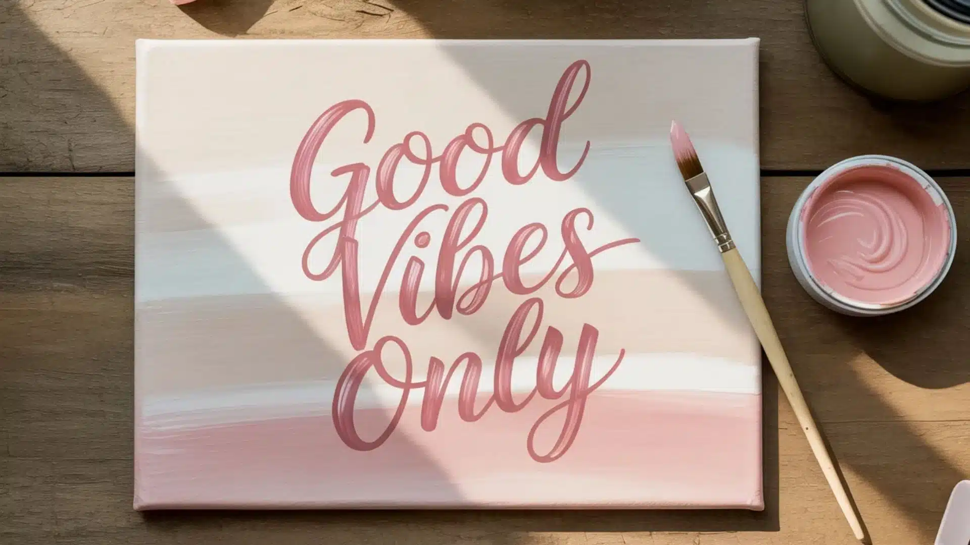A minimalist painting of the phrase “Good Vibes Only” in soft pink, with a paintbrush beside it.