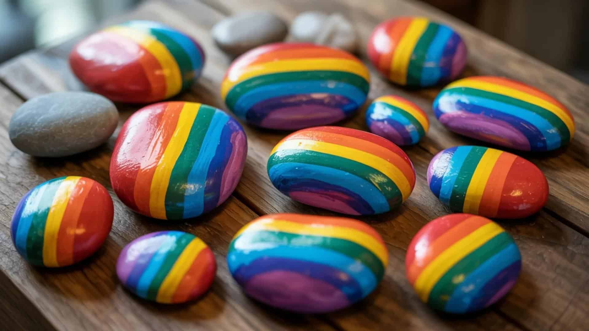 Rainbow-painted rocks with bold multicolor stripes and glossy finishes