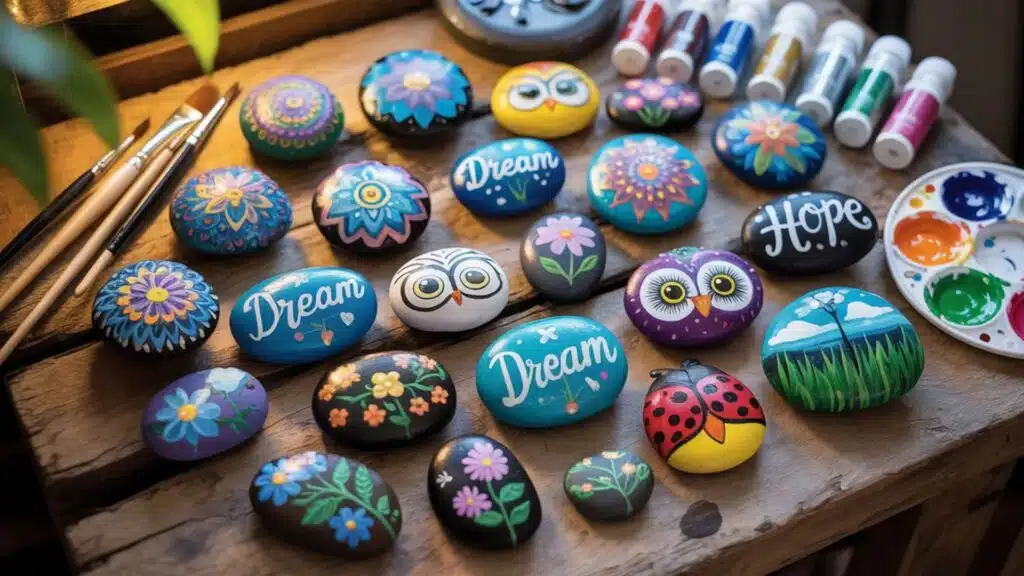 Creative rock painting ideas with flowers, owls, quotes, and colorful painted rocks