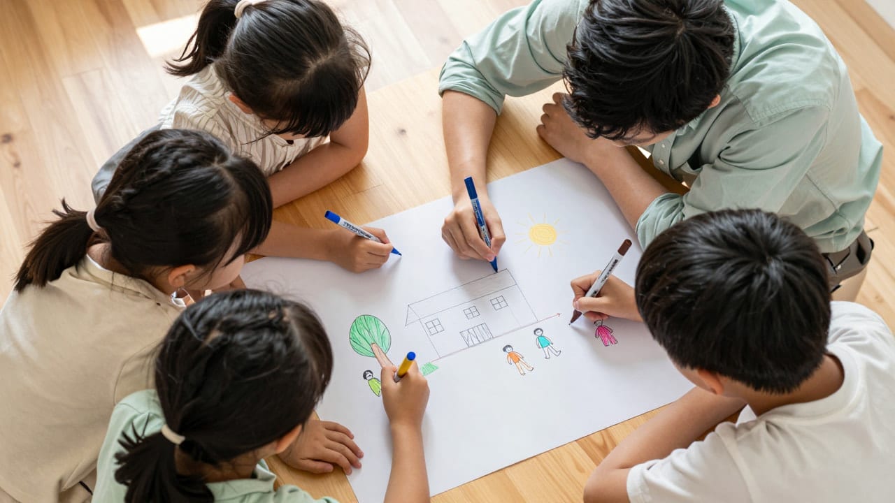 Family of four silently adding to one shared drawing on paper during a wordless cooperative family therapy activity.