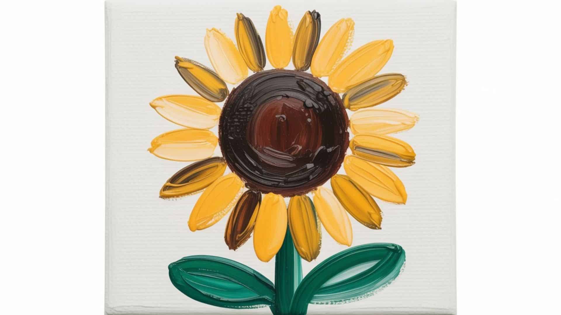 A painted canvas of a single sunflower with yellow petals and a brown center, with green leaves
