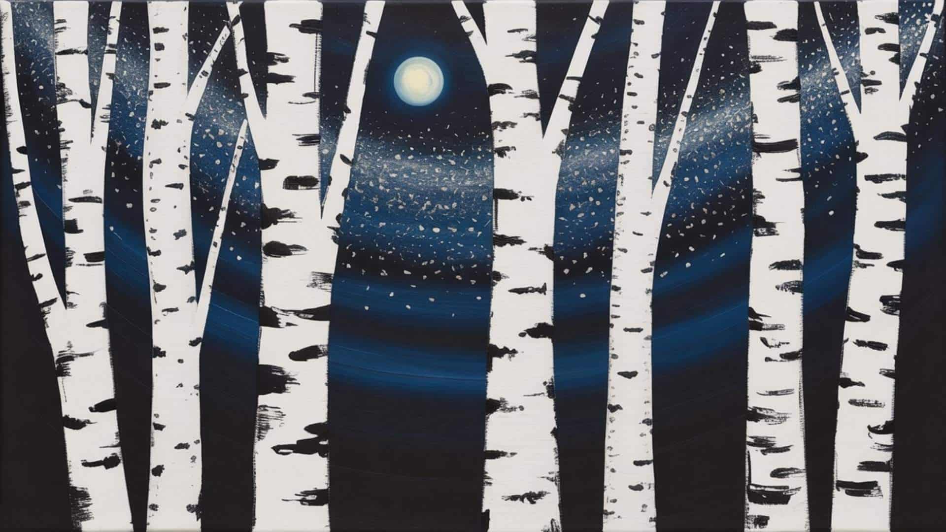 Snowy birch trees at night under a bright full moon and starry sky
