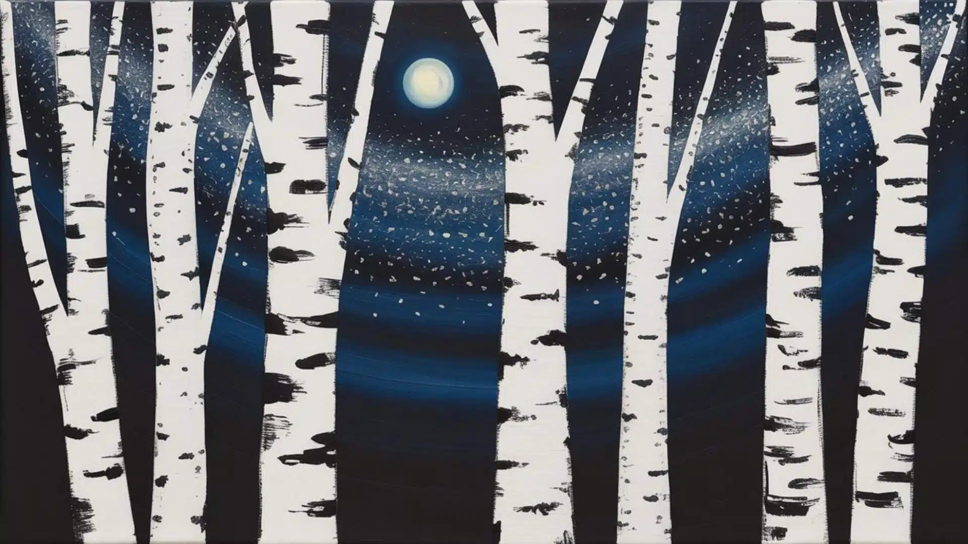 Snowy birch trees at night under a bright full moon and starry sky
