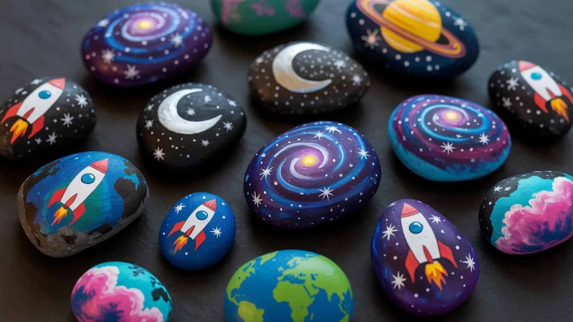Space-themed painted rocks with planets, rockets, stars, and galaxy designs