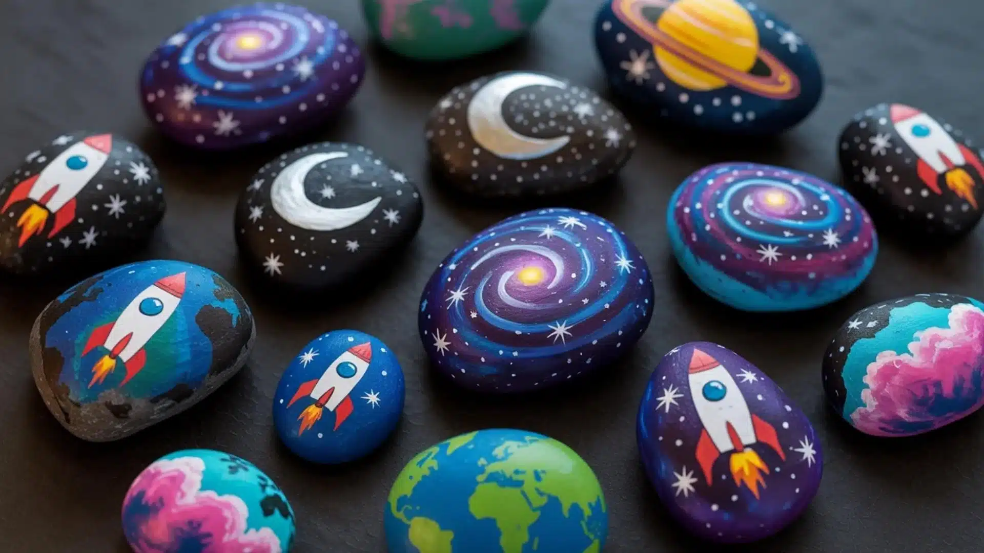 Space-themed painted rocks with planets, rockets, stars, and galaxy designs