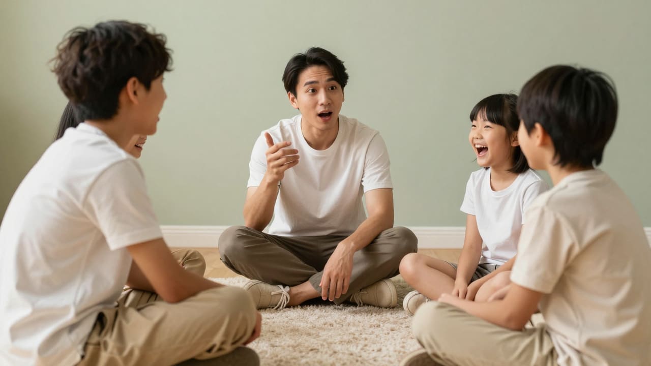 Family of four taking turns adding sentences to a shared story during a creative family therapy round-robin activity.