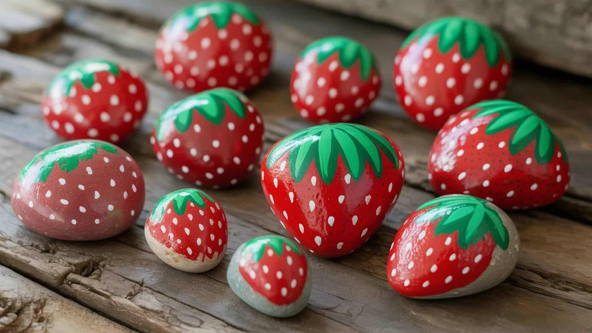 Strawberry-painted rocks with bright red berries, white seeds, and green tops 