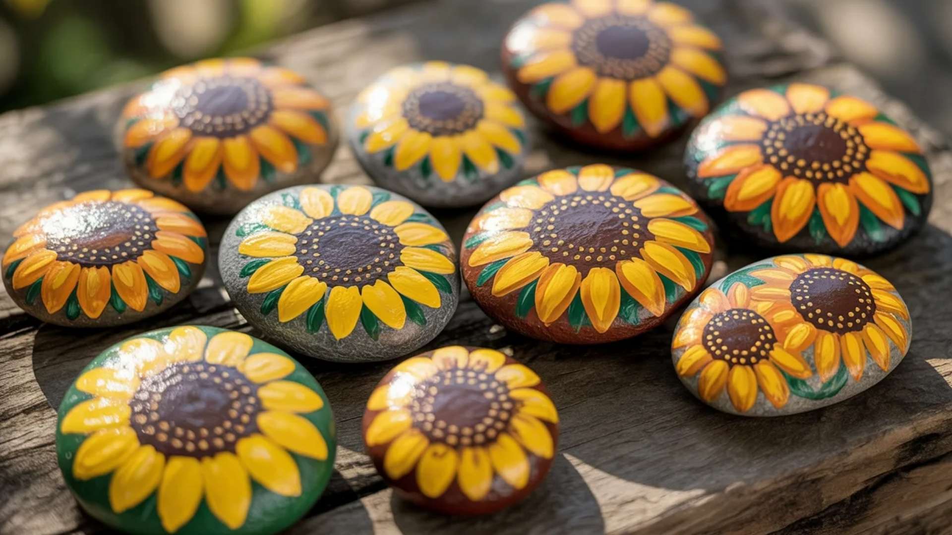 Sunflower-painted rocks with bright yellow petals and detailed brown centers 