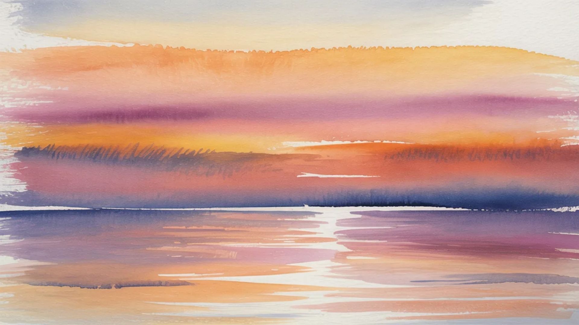 Sunset over water with soft blending of colors in the sky and reflection on the water
