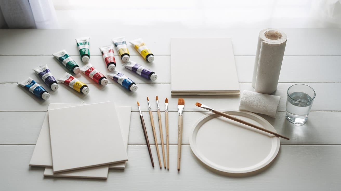 A clean, minimal setup featuring paint tubes, brushes, and blank canvases.