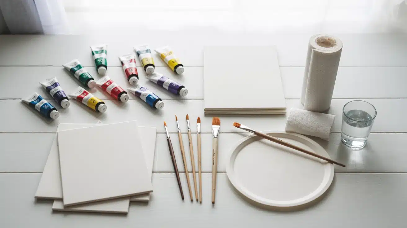 A clean, minimal setup featuring paint tubes, brushes, and blank canvases.