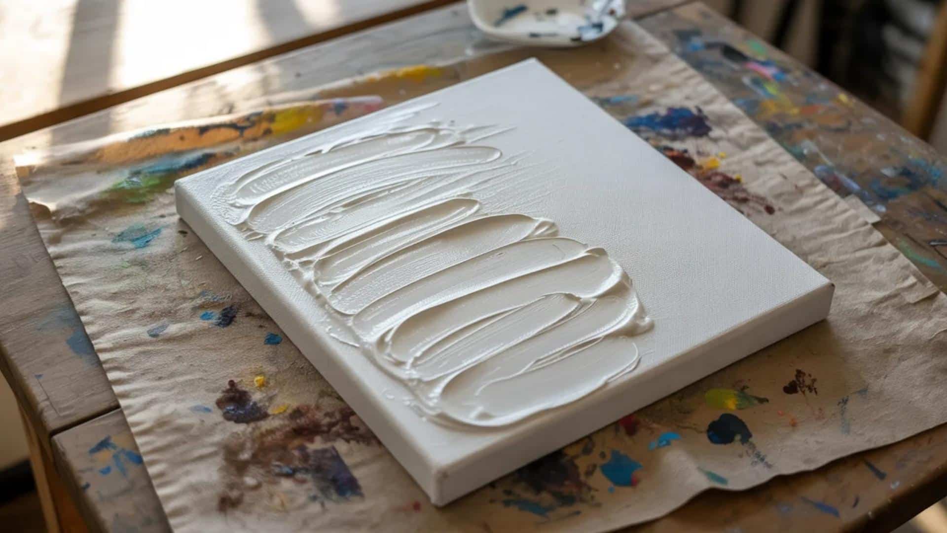  A canvas coated with a layer of white texture paste, creating a smooth surface for further painting.