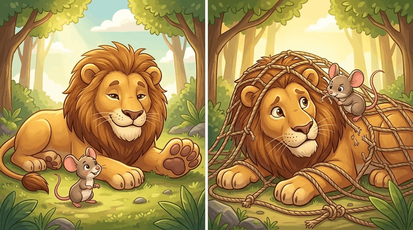 Mouse freeing the lion from the net in the forest.