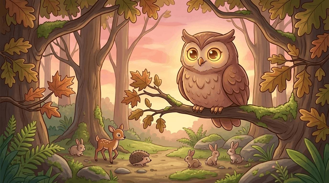 Owl watching quietly from a tree branch at sunset.