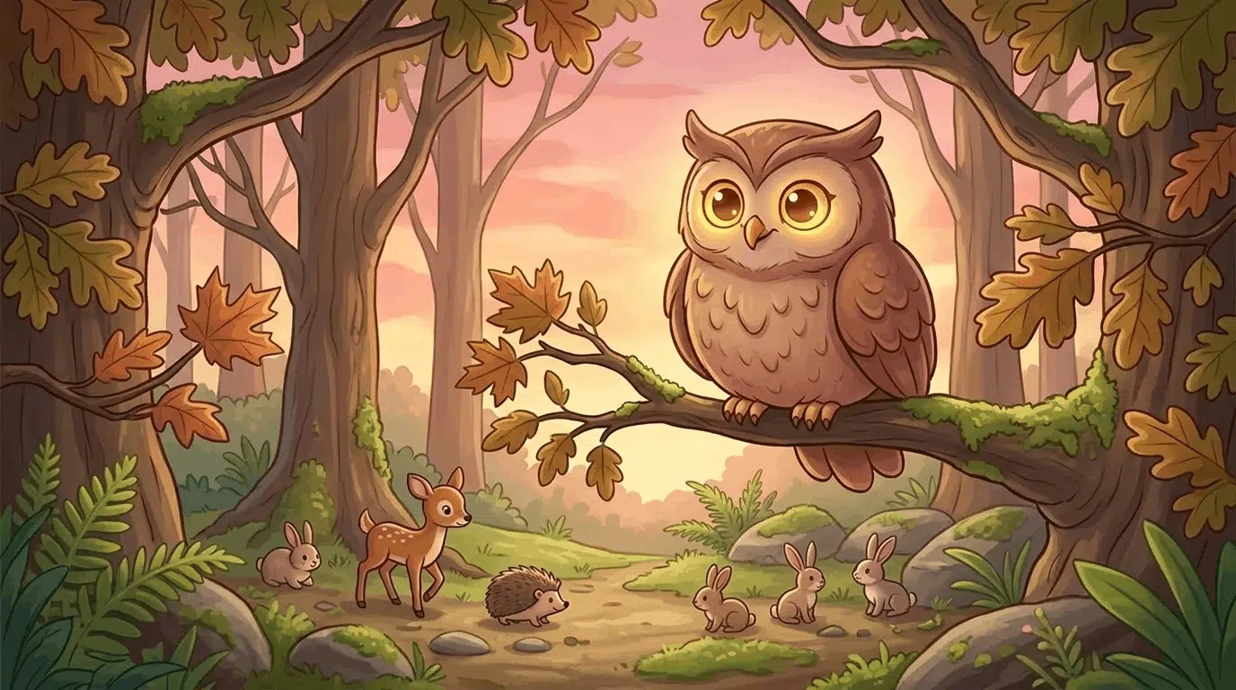 Owl watching quietly from a tree branch at sunset.