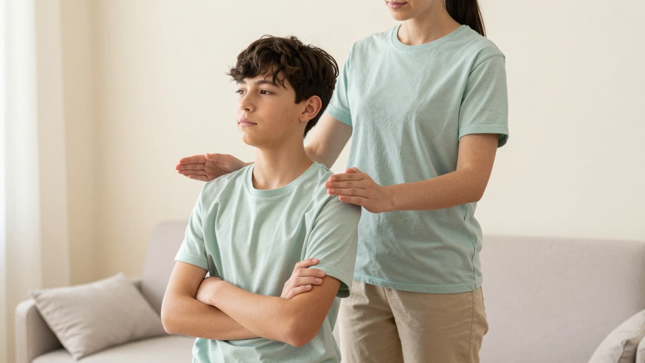 Parent gently catching teen during a modified trust fall exercise used in family therapy trust rebuilding.