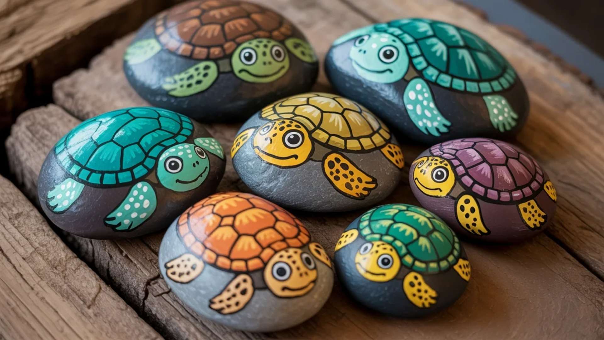 Turtle painted rocks with colorful shells and adorable cartoon faces