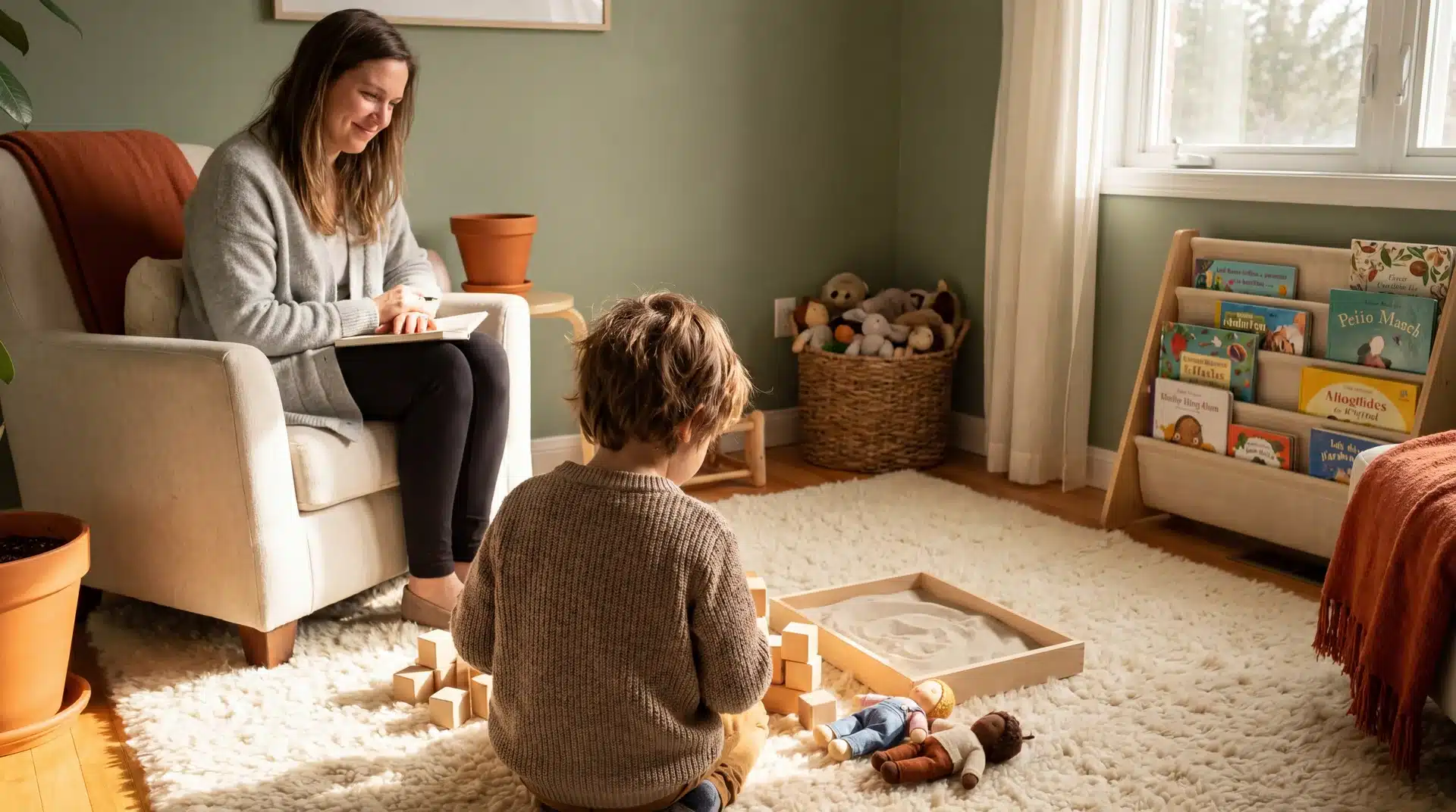 Young child playing with blocks and a sand tray while a therapist takes gentle notes during a child therapy session