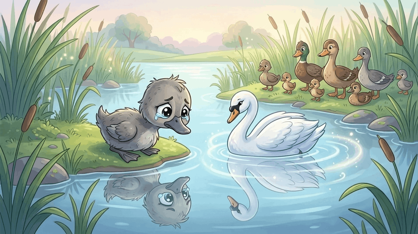 Duckling looking at swan reflection in calm lake.