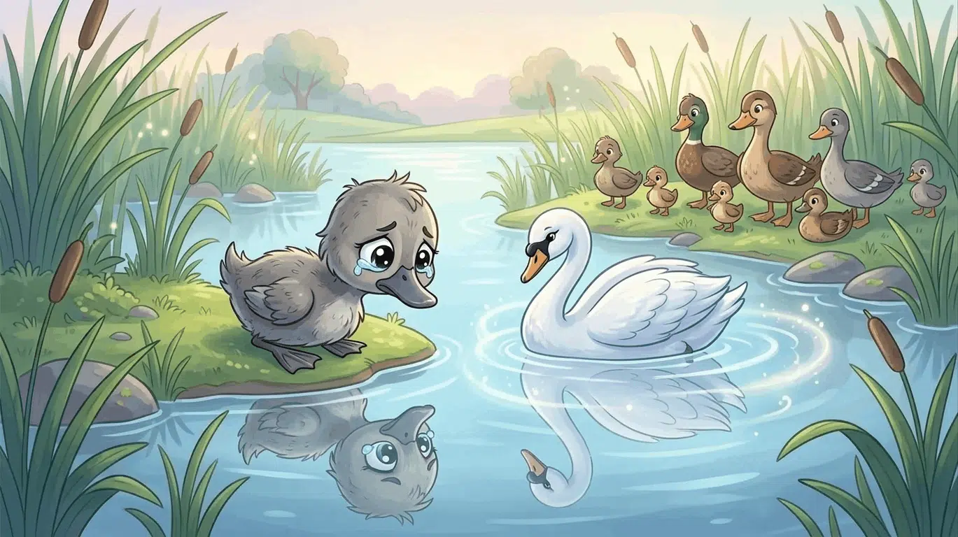 Duckling looking at swan reflection in calm lake.