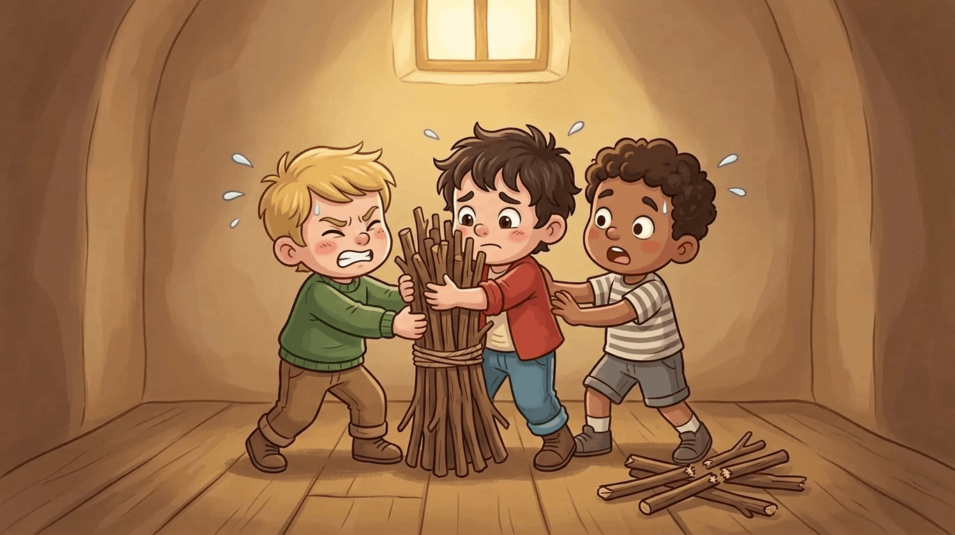 Children struggling to break a bundle of sticks together.