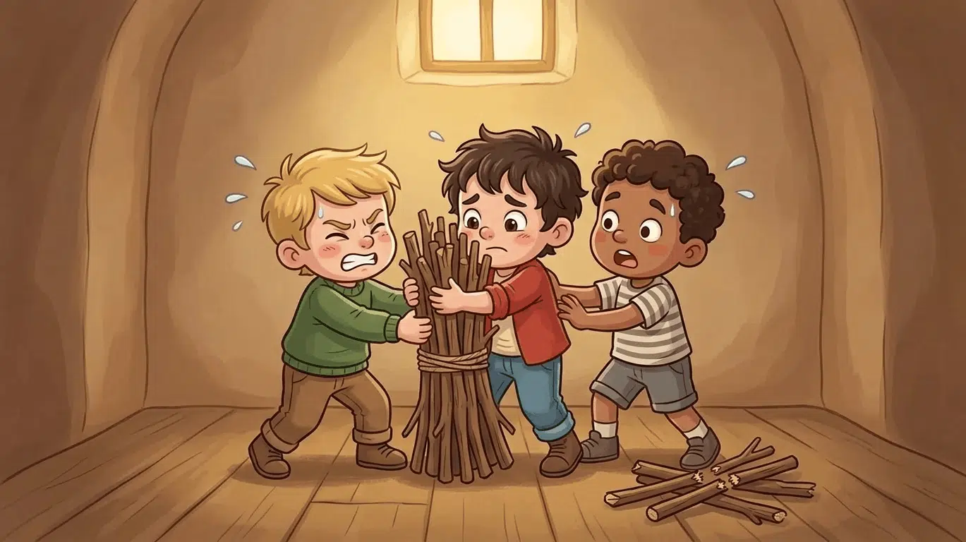 Children struggling to break a bundle of sticks together.