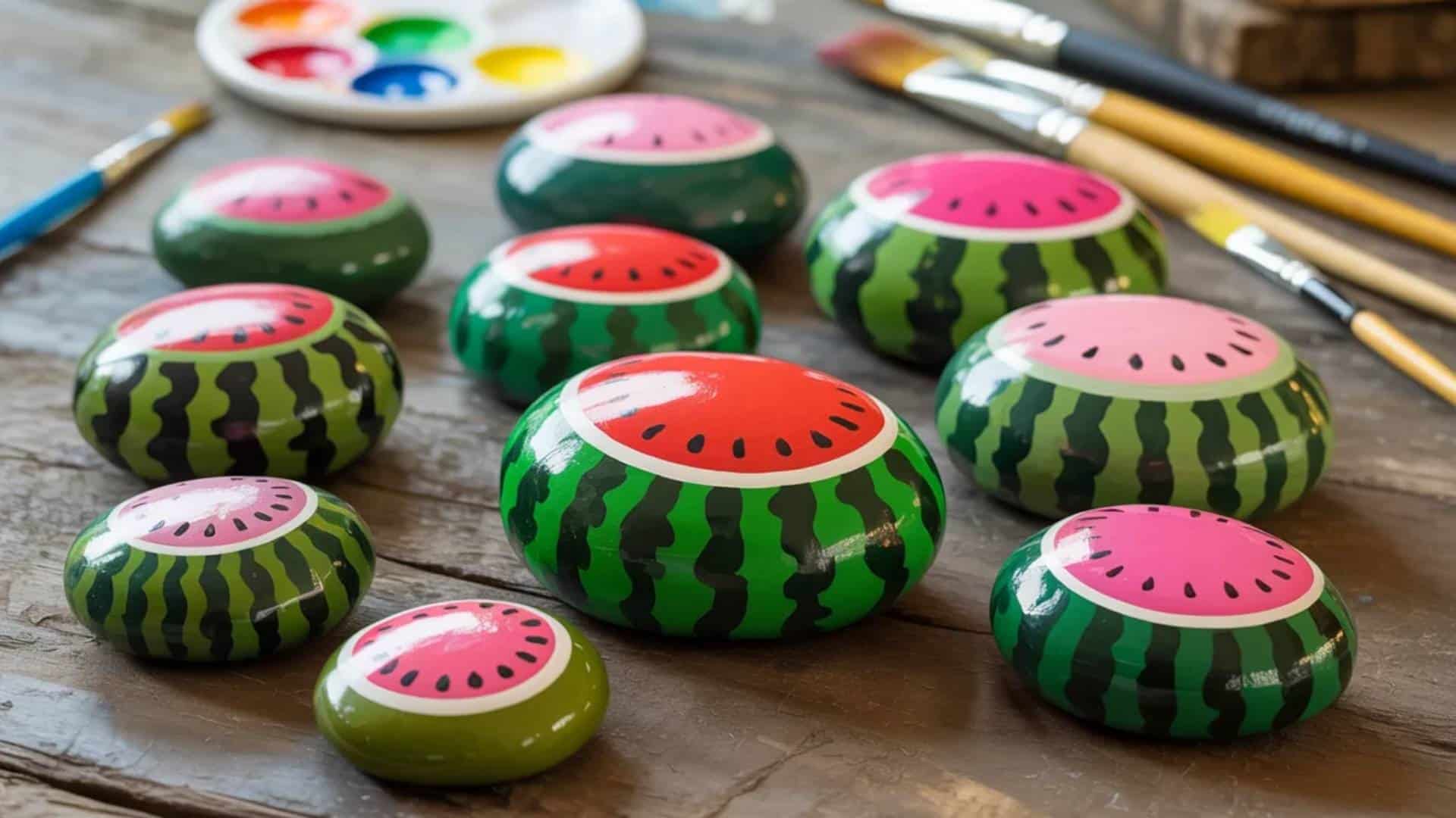 Painted watermelon rocks with bright green stripes and pink fruit centers 