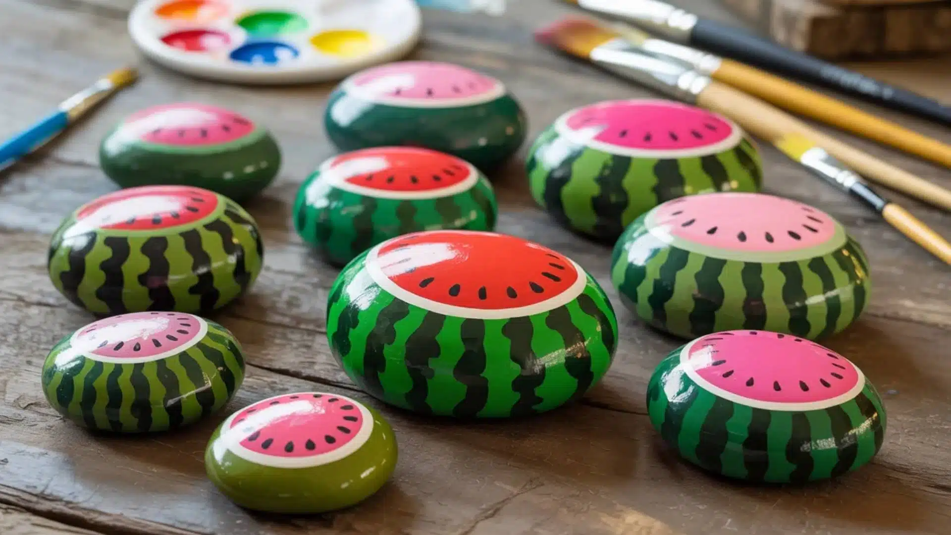 Painted watermelon rocks with bright green stripes and pink fruit centers