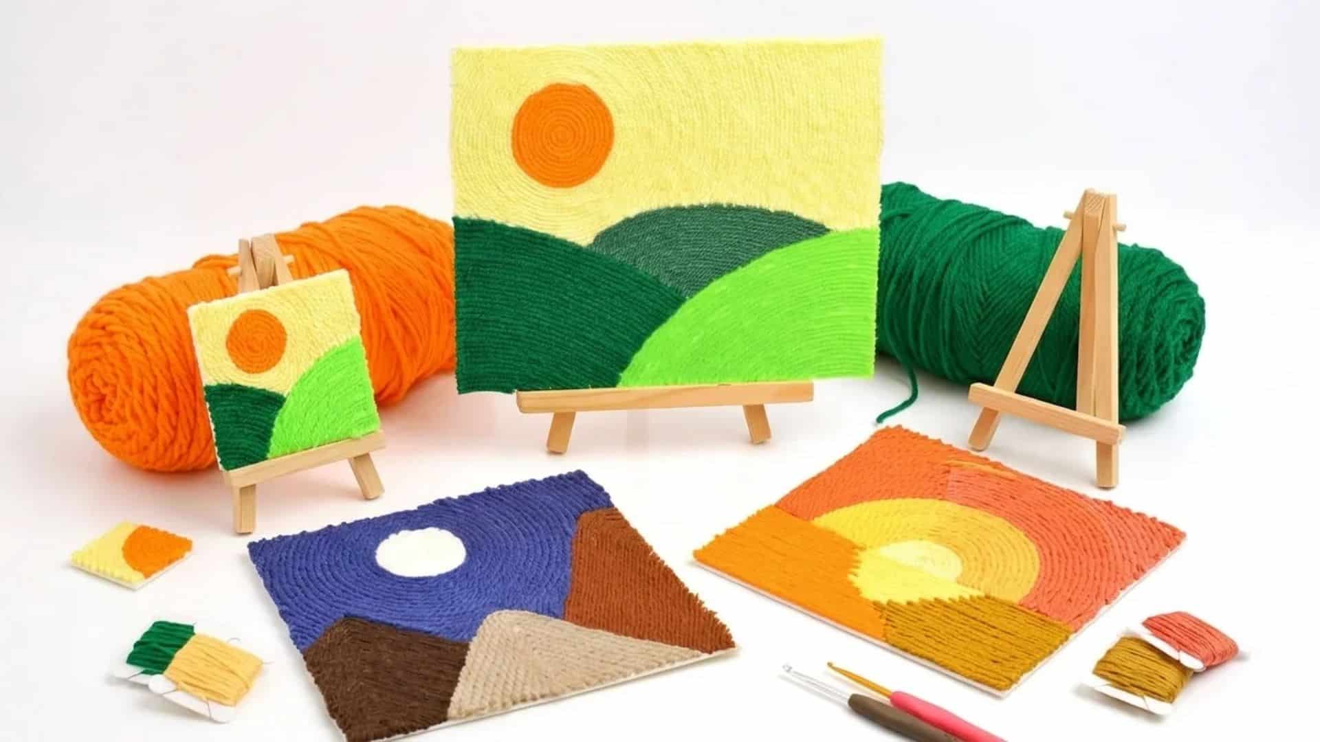 Yarn canvas art featuring vibrant colors and abstract shapes, with several small easels displaying the work.